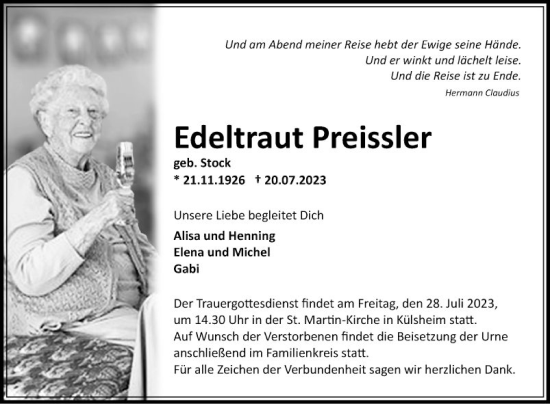 Traueranzeige von Edeltraut Preissler von Fränkische Nachrichten