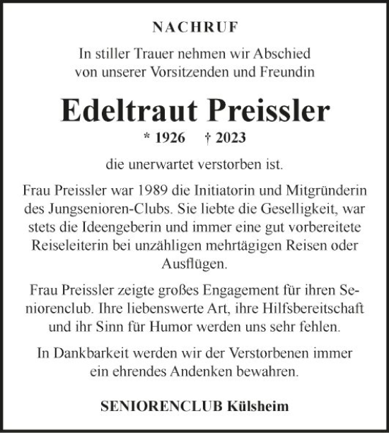 Traueranzeige von Edeltraut Preissler von Fränkische Nachrichten