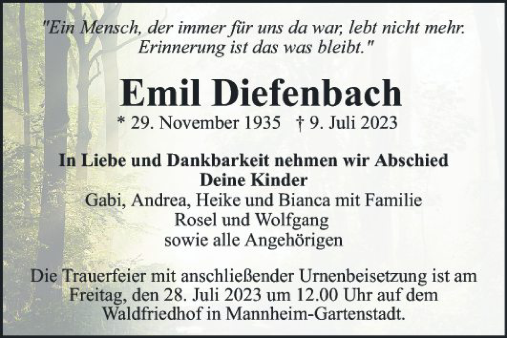  Traueranzeige für Emil Diefenbach vom 15.07.2023 aus Mannheimer Morgen