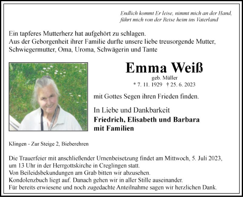  Traueranzeige für Emma Weiß vom 03.07.2023 aus Fränkische Nachrichten