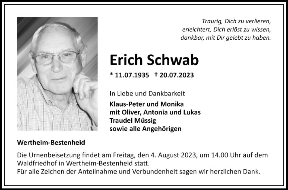  Traueranzeige für Erich Schwab vom 29.07.2023 aus Fränkische Nachrichten