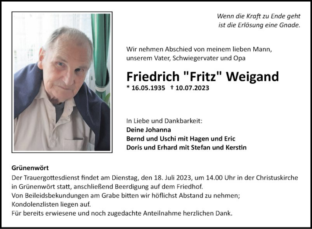  Traueranzeige für Friedrich Weigand vom 14.07.2023 aus Fränkische Nachrichten