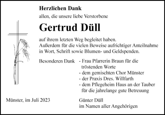 Traueranzeige von Gertrud Düll von Fränkische Nachrichten