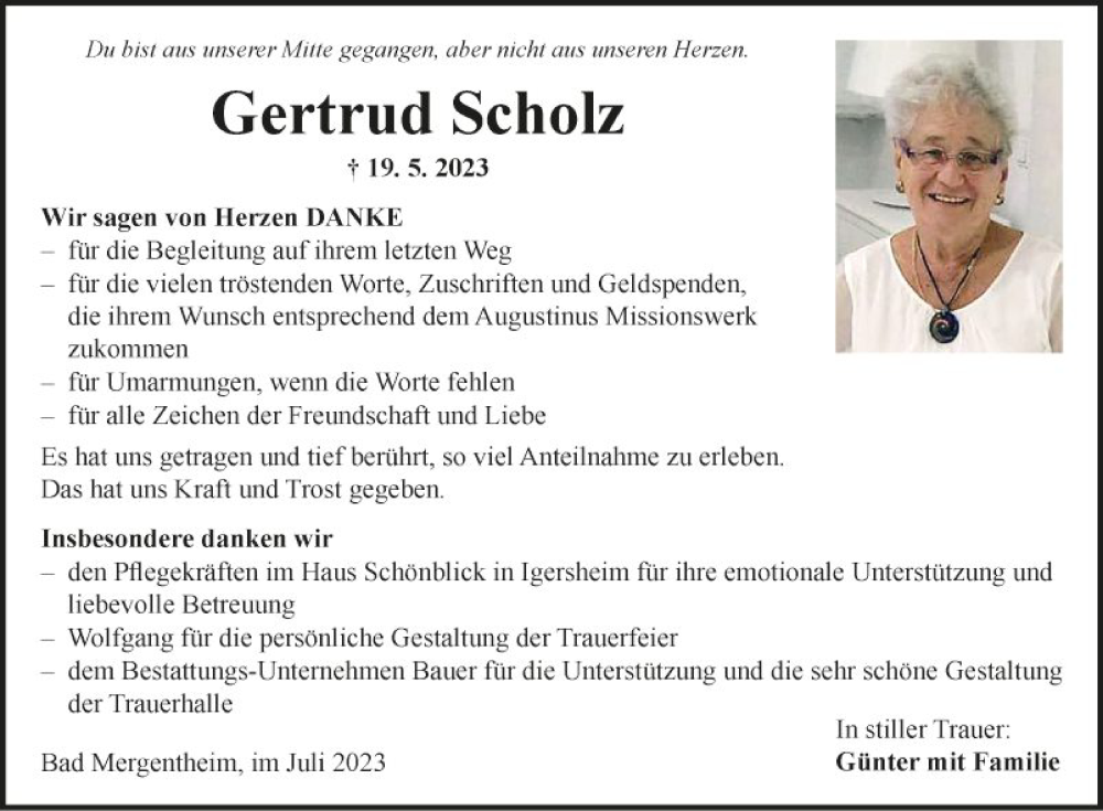  Traueranzeige für Gertrud Scholz vom 08.07.2023 aus Fränkische Nachrichten