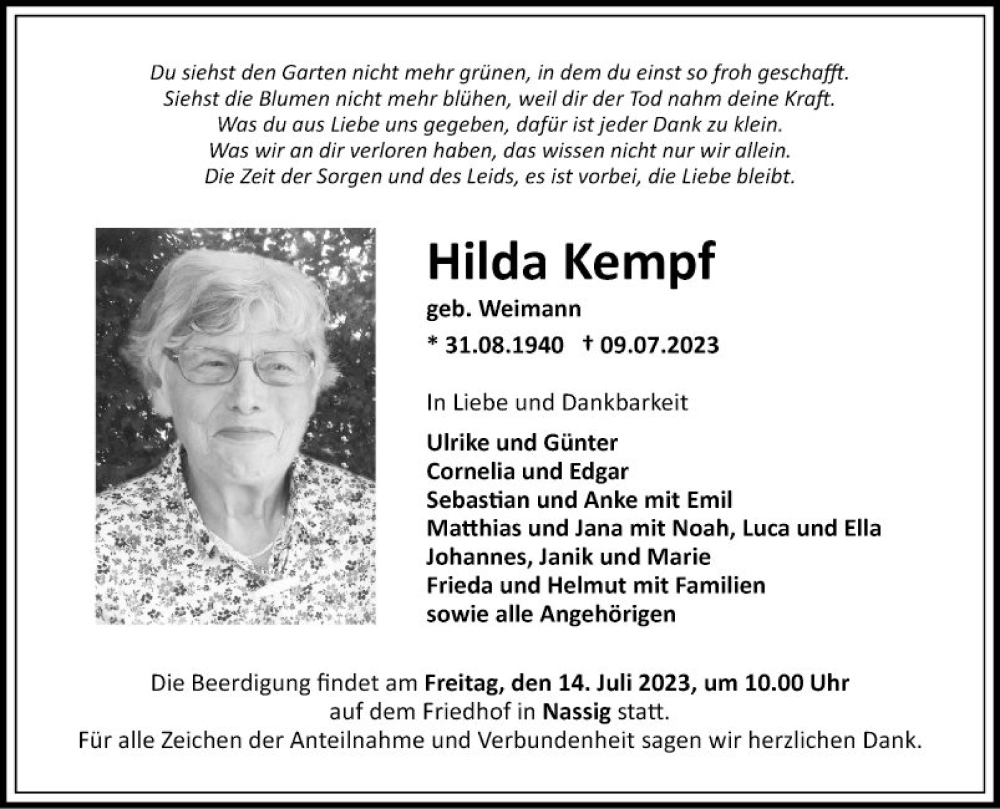  Traueranzeige für Hilda Kempf vom 12.07.2023 aus Fränkische Nachrichten