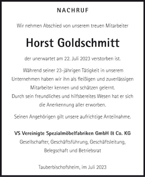 Traueranzeige von Horst Goldschmitt von Fränkische Nachrichten