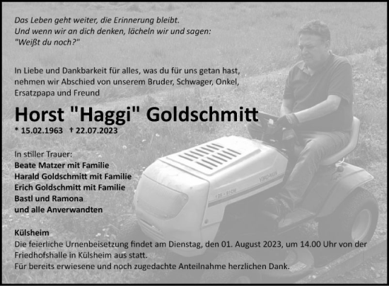 Traueranzeige von Horst Goldschmitt von Fränkische Nachrichten