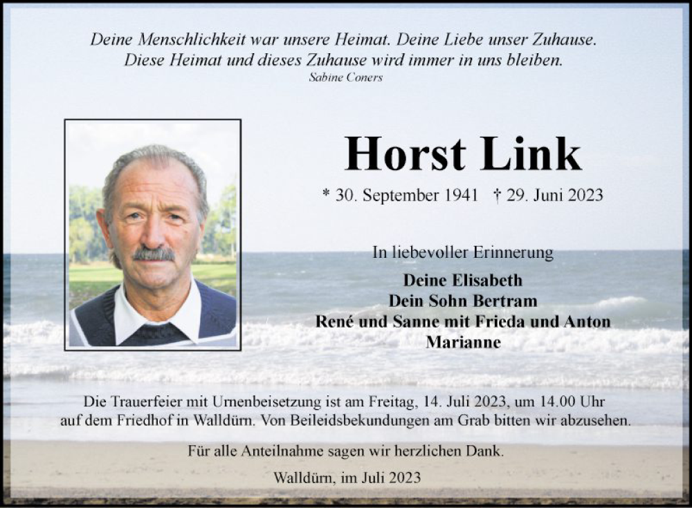  Traueranzeige für Horst Link vom 11.07.2023 aus Fränkische Nachrichten