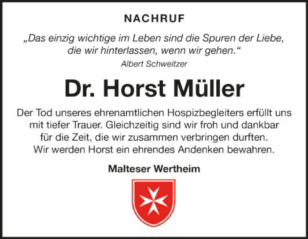  Traueranzeige für Horst Müller vom 29.07.2023 aus Fränkische Nachrichten