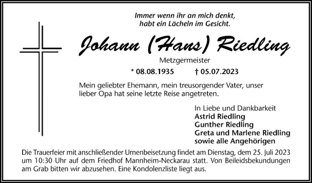  Traueranzeige für Johann Riedling vom 22.07.2023 aus Mannheimer Morgen