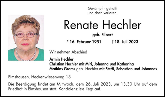 Traueranzeige von Renate Hechler von Bergsträßer Anzeiger