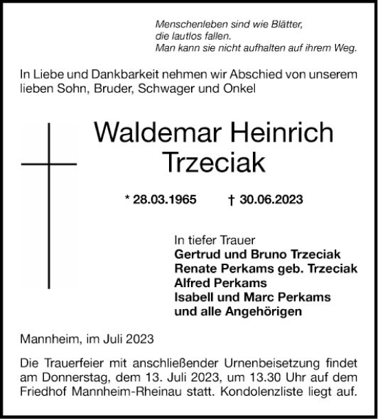 Traueranzeige von Waldemar Heinrich Trzeciak von Mannheimer Morgen