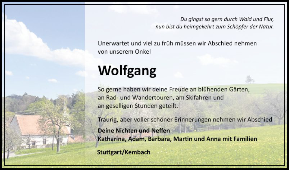  Traueranzeige für Wolfgang Hörner vom 29.07.2023 aus Fränkische Nachrichten