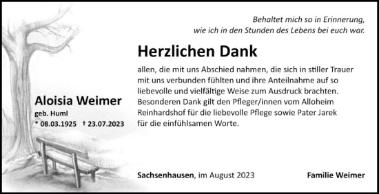Traueranzeige von Aloisia Weimer von Fränkische Nachrichten