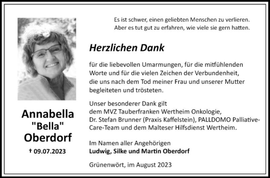 Traueranzeige von Annabella Oberdorf von Fränkische Nachrichten