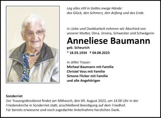 Traueranzeige von Anneliese Baumann von Fränkische Nachrichten