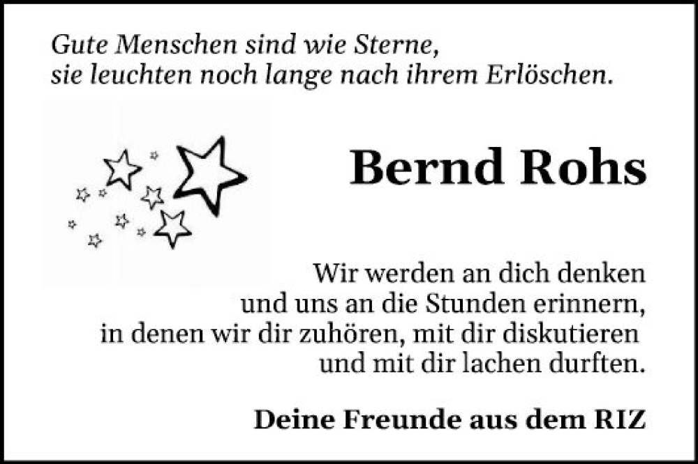  Traueranzeige für Bernd Rohs vom 19.08.2023 aus Mannheimer Morgen