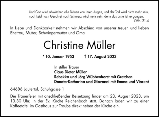 Traueranzeige von Christine Müller von Bergsträßer Anzeiger