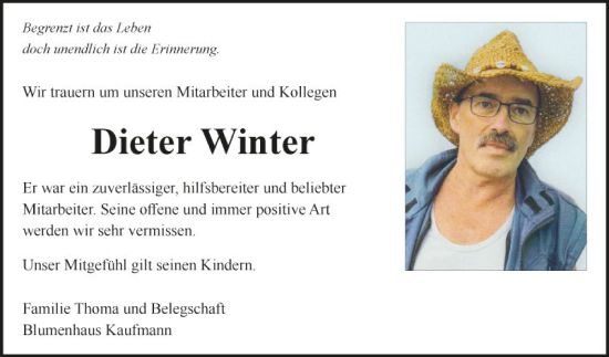 Traueranzeige von Dieter Winter von Fränkische Nachrichten