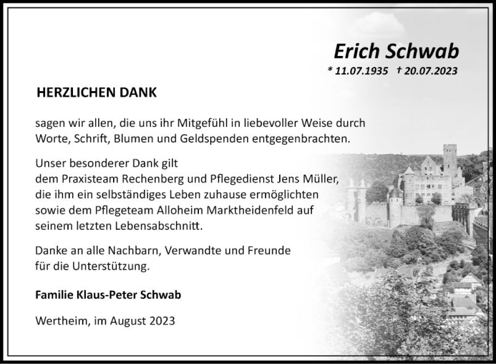  Traueranzeige für Erich Schwab vom 12.08.2023 aus Fränkische Nachrichten