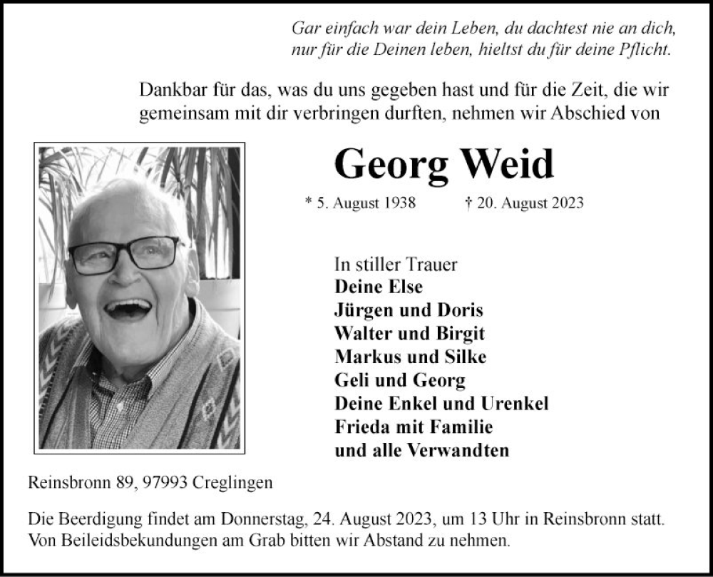  Traueranzeige für Georg Weid vom 23.08.2023 aus Fränkische Nachrichten