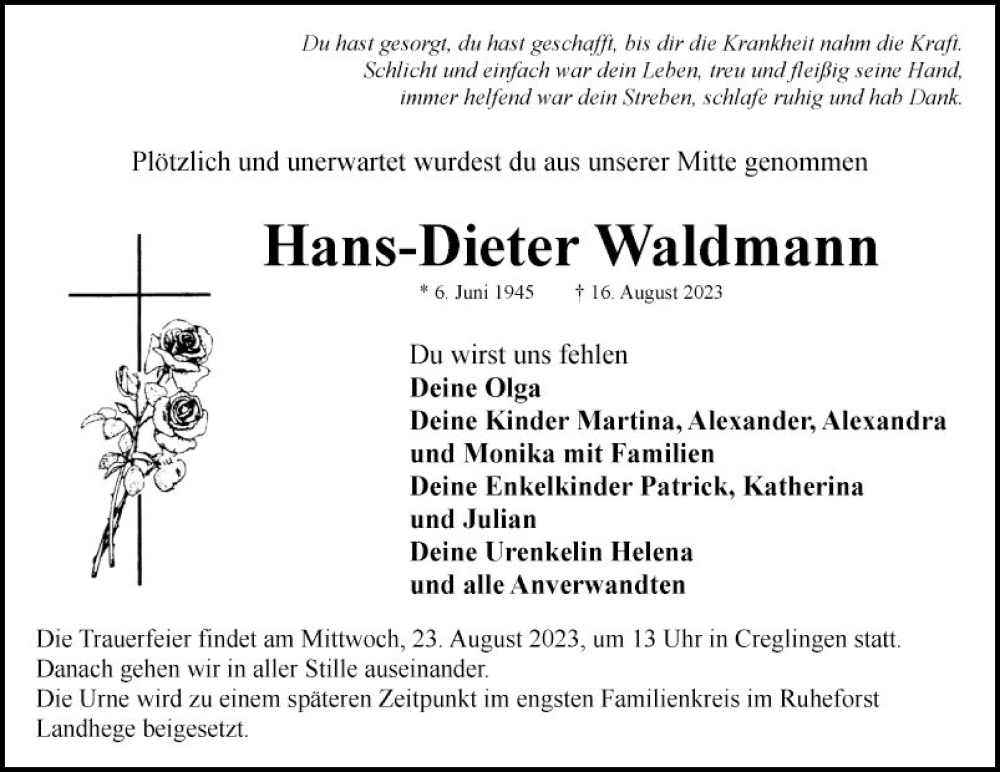  Traueranzeige für Hans-Dieter Waldmann vom 21.08.2023 aus Fränkische Nachrichten
