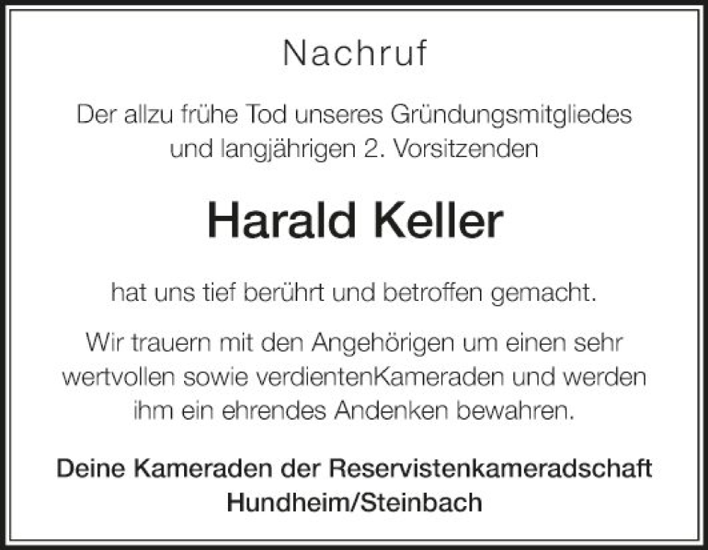  Traueranzeige für Harald Keller vom 29.08.2023 aus Fränkische Nachrichten