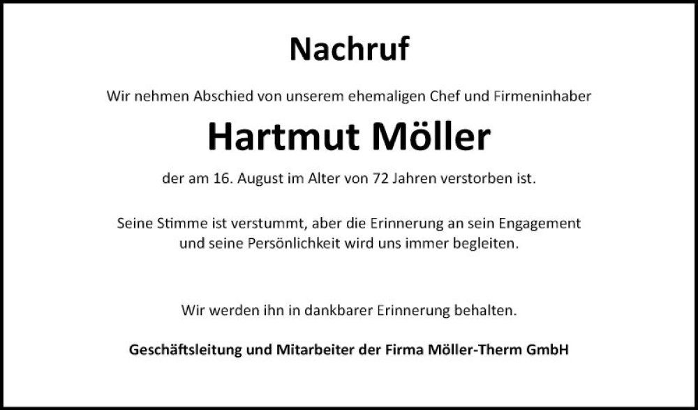  Traueranzeige für Hartmut Möller vom 21.08.2023 aus Fränkische Nachrichten