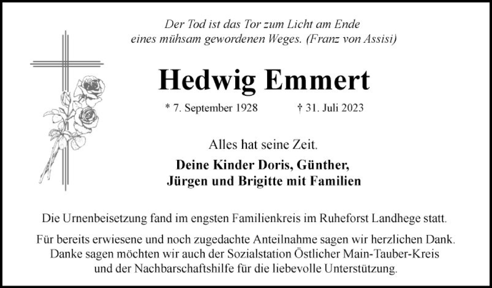  Traueranzeige für Hedwig Emmert vom 25.08.2023 aus Fränkische Nachrichten