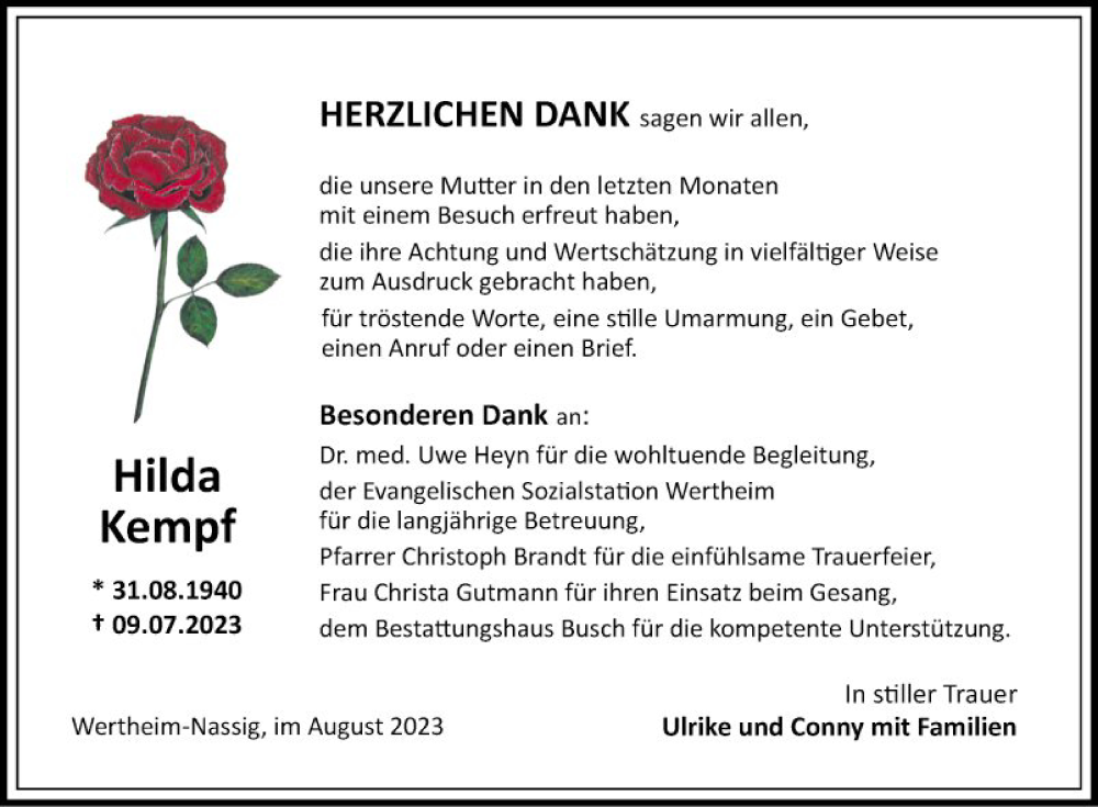  Traueranzeige für Hilda Kempf vom 05.08.2023 aus Fränkische Nachrichten