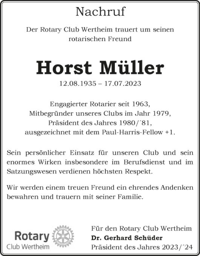  Traueranzeige für Horst Müller vom 12.08.2023 aus Fränkische Nachrichten