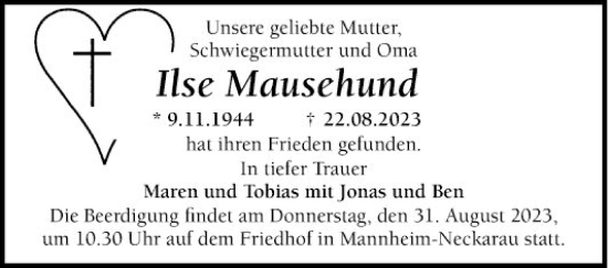 Traueranzeige von Ilse Mausehund von Mannheimer Morgen