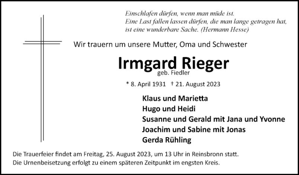  Traueranzeige für Irmgard Rieger vom 23.08.2023 aus Fränkische Nachrichten