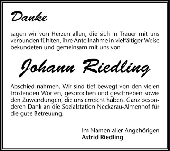 Traueranzeige von Johann Riedling von Mannheimer Morgen