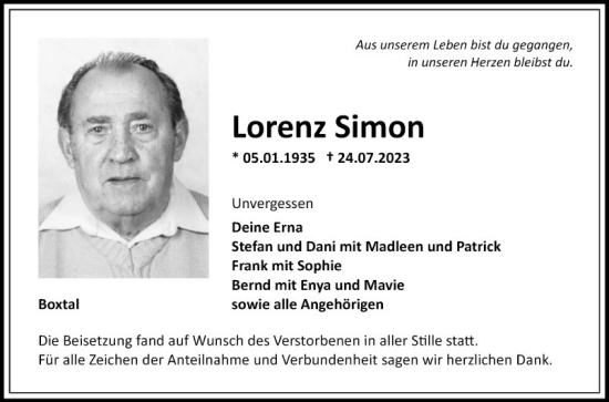 Traueranzeige von Lorenz Simon von Fränkische Nachrichten