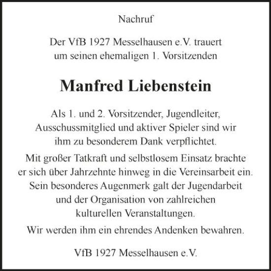 Traueranzeige von Manfred Liebenstein von Fränkische Nachrichten