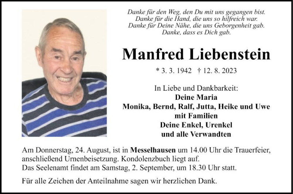  Traueranzeige für Manfred Liebenstein vom 19.08.2023 aus Fränkische Nachrichten