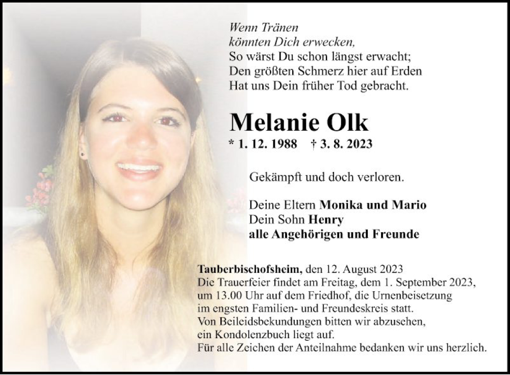  Traueranzeige für Melanie Olk vom 12.08.2023 aus Fränkische Nachrichten