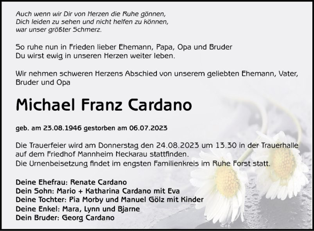  Traueranzeige für Michael Franz Cardano vom 12.08.2023 aus Mannheimer Morgen