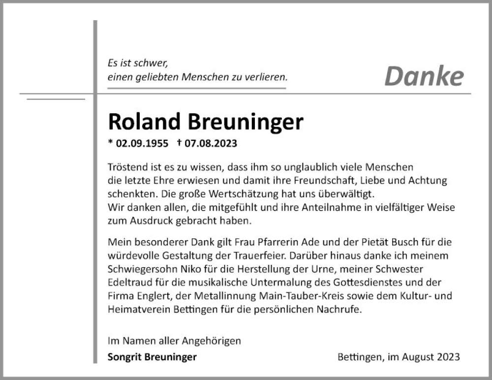  Traueranzeige für Roland Breuninger vom 26.08.2023 aus Fränkische Nachrichten