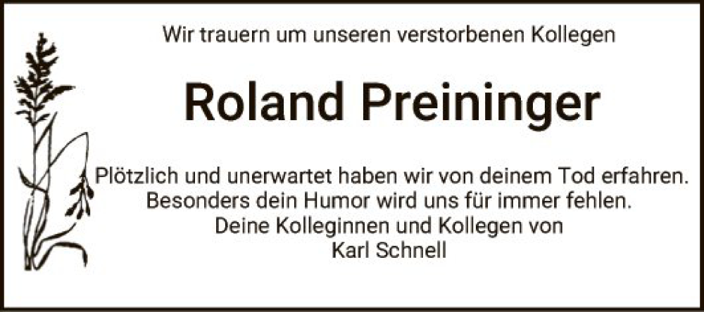  Traueranzeige für Roland Preininger vom 26.08.2023 aus Fränkische Nachrichten
