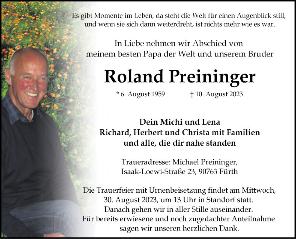  Traueranzeige für Roland Preininger vom 24.08.2023 aus Fränkische Nachrichten