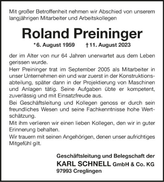 Traueranzeige von Roland Preininger von Fränkische Nachrichten