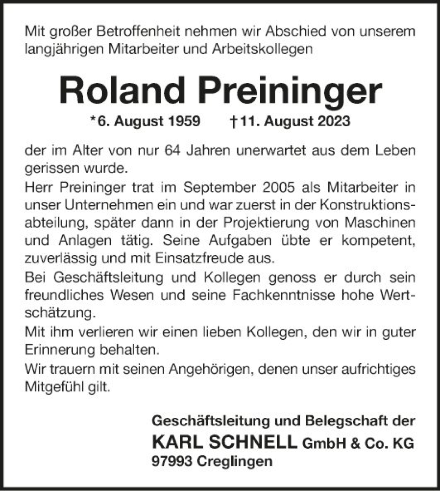  Traueranzeige für Roland Preininger vom 25.08.2023 aus Fränkische Nachrichten