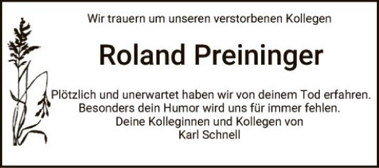 Traueranzeige von Roland Preininger von Fränkische Nachrichten