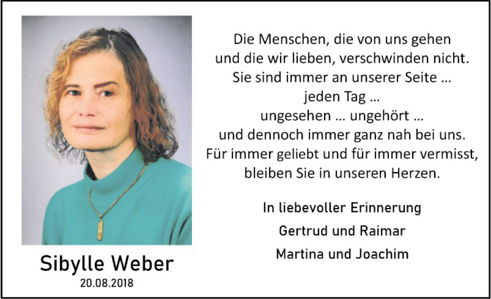  Traueranzeige für Sibylle Weber vom 19.08.2023 aus Fränkische Nachrichten