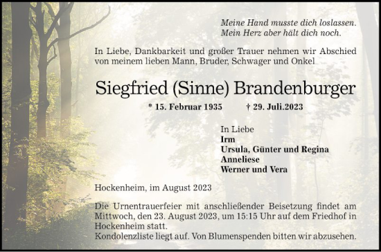 Traueranzeige von Siegfried Brandenburger von Schwetzinger Zeitung