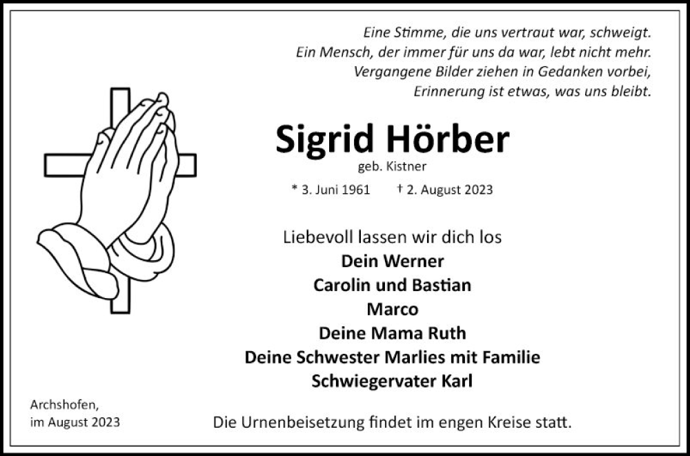  Traueranzeige für Sigrid Hörber vom 09.08.2023 aus Fränkische Nachrichten