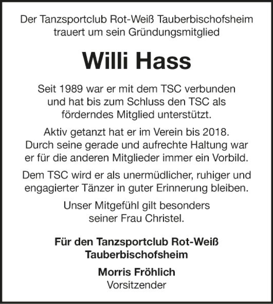  Traueranzeige für Willi Hass vom 09.08.2023 aus Fränkische Nachrichten