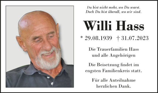 Traueranzeige von Willi Hass von Fränkische Nachrichten